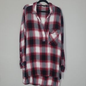 Zara Basic Plaid Tunic Top Size Large Red Lightweight High Low Hem Casual Layer